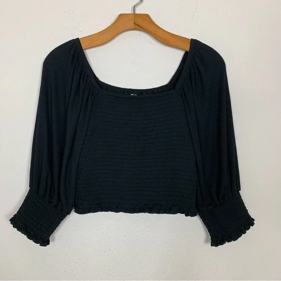 Anthropologie Black Smocked Puff Sleeve Top Sz Extra Small Petite - Picture 4 of 8